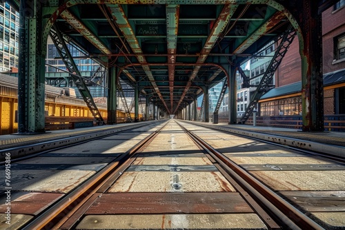 A train sits on the tracks at a bustling train station in an urban environment capturing the citys transportation infrastructure