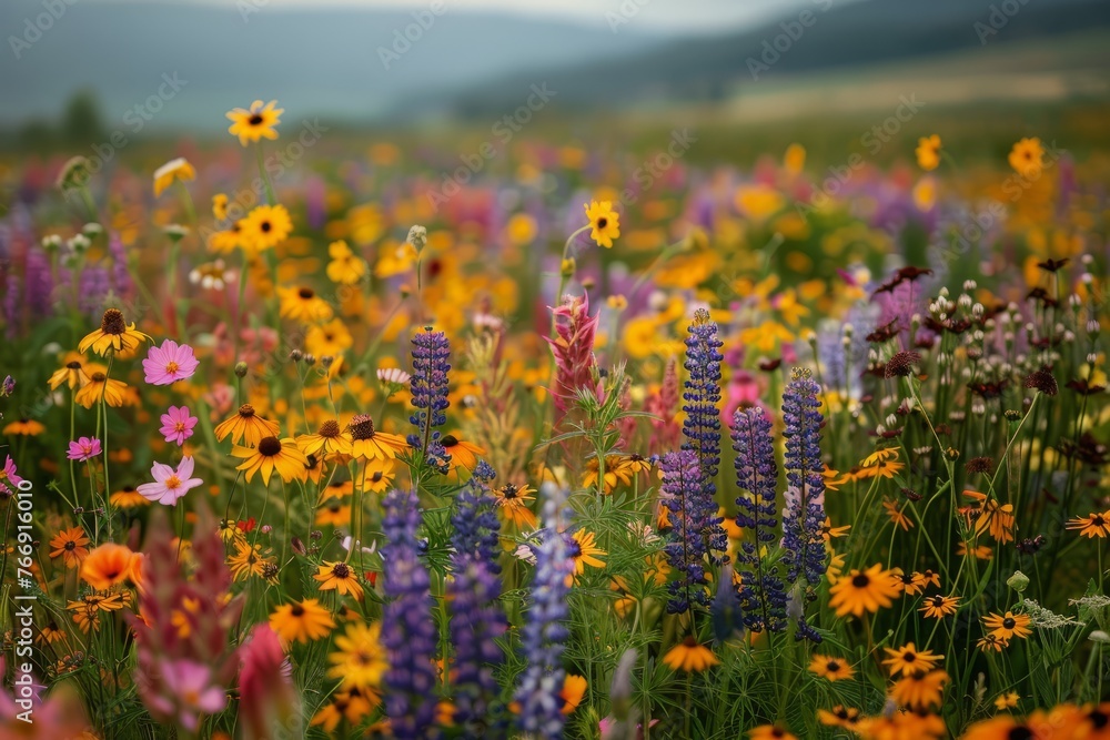 A field of colorful wildflowers with a backdrop of majestic mountains under a clear blue sky