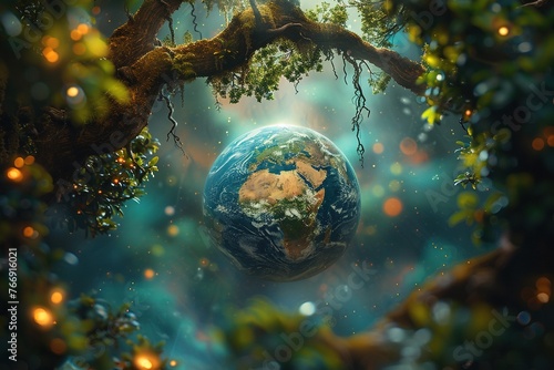 Surreal image of Earth cradled by tree branches, Generated AI.