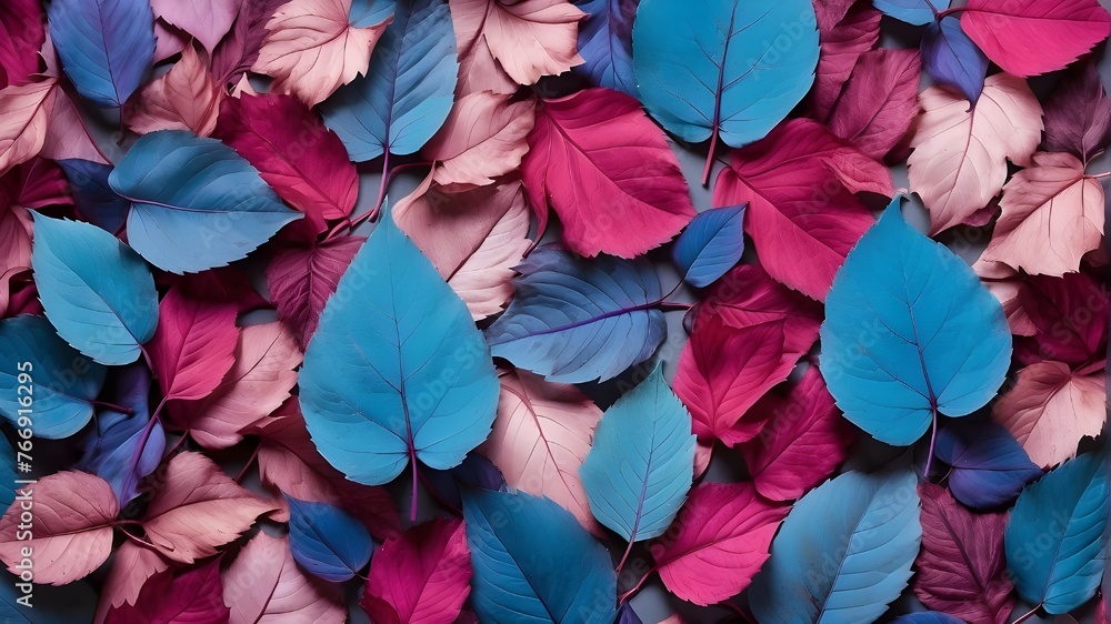 Blue leaves from nature create a creative pattern. Lay flat. Background of leaves with a pink, purple, and blue tone