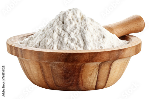Wooden bowl filled with flour, isolated on empty background.