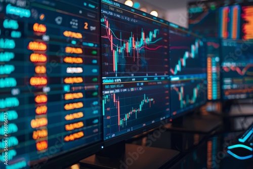 Multiple computer monitors showing real-time stock market data in a row on a desk