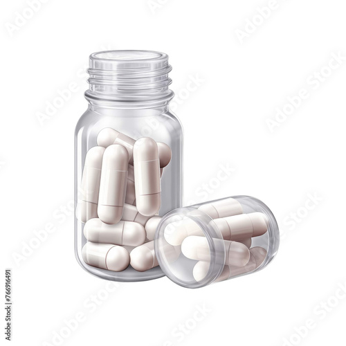 White Pills in a glass jar on transparent background