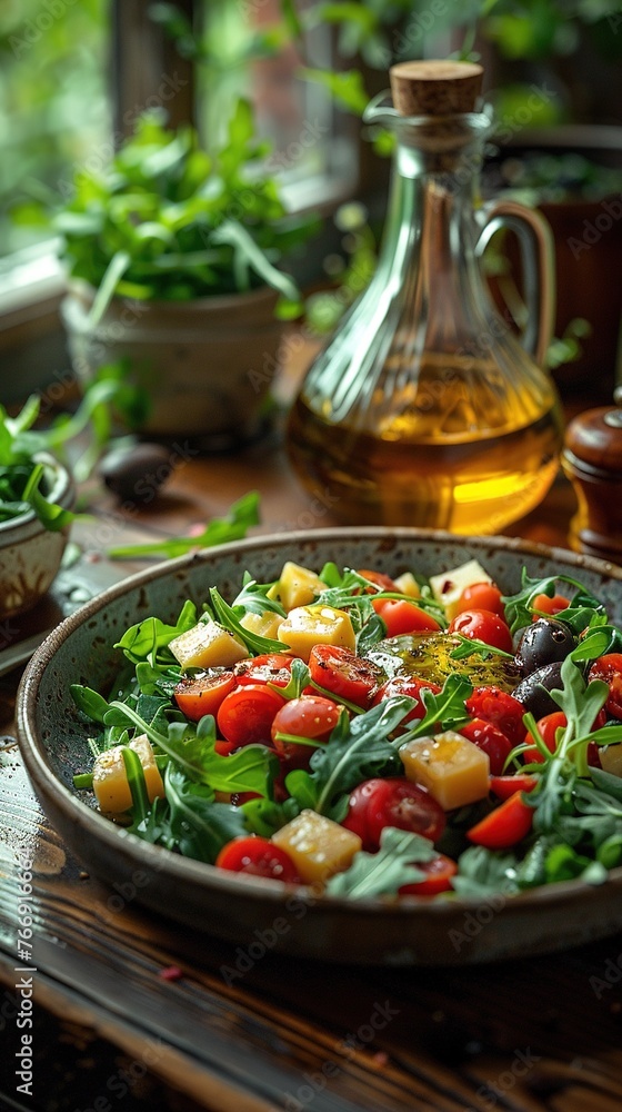 Fresh salad with a variety of vegetables and olive oil, Generated AI. Fresh salad with a variety of vegetables and olive oil, Generated AI.