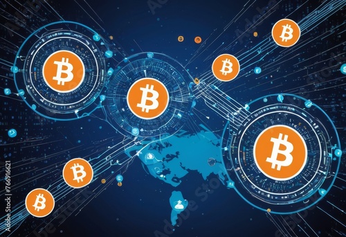 Bitcoin icons circulate in a sophisticated digital orbit, representing global cryptocurrency transactions. The map backdrop suggests a borderless financial network transcending traditional economies