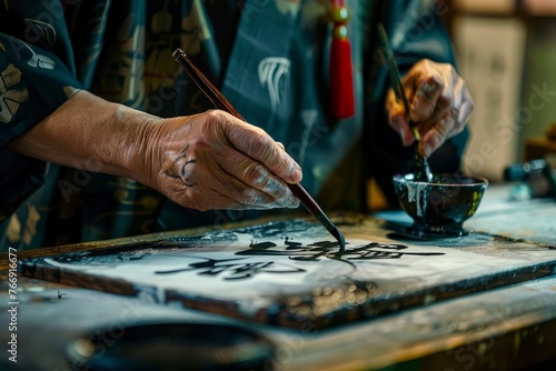 A person holding a brush and intricately writing on a piece of paper in a calligraphy demonstration