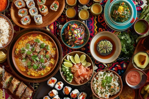 A table filled with an assortment of traditional dishes from different cultures, showcasing a variety of foods photo