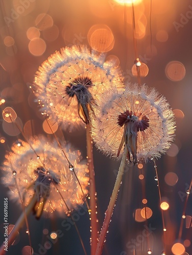 Dandelions with dewdrops at sunrise, bokeh light effect. Generated AI.
