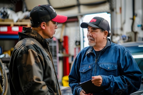 Two mechanics are having a conversation about repair or maintenance recommendations in a busy garage setting