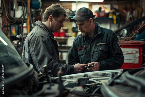 Two men, one mechanic, and a customer, looking at a cell phone screen inside a garage
