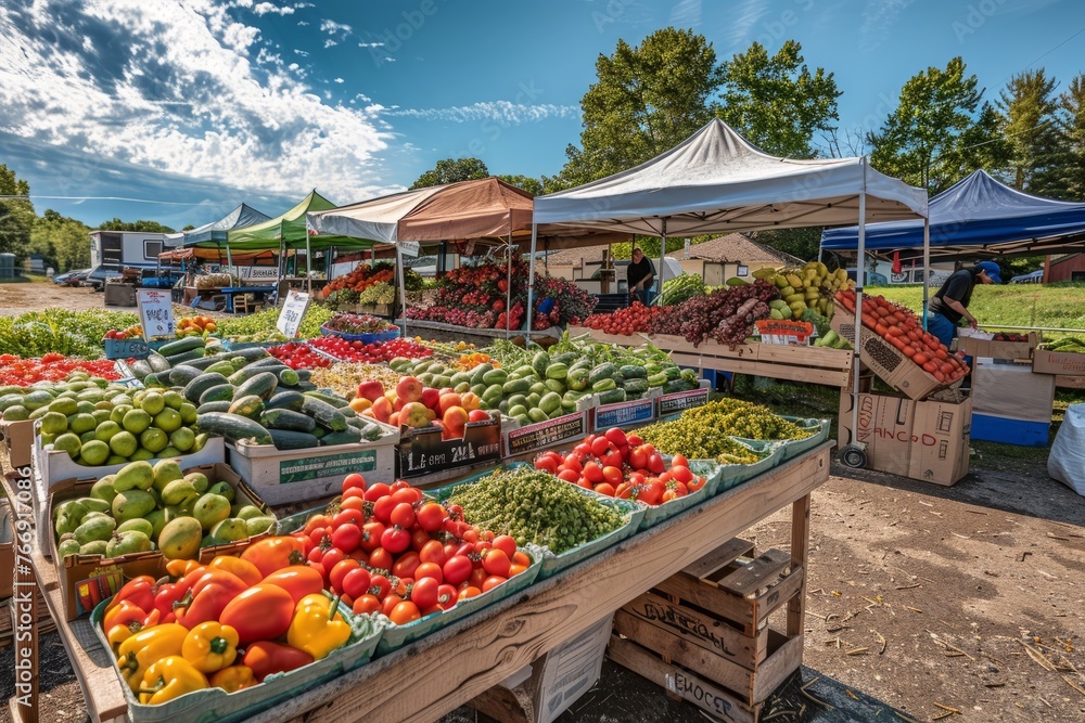 A vibrant farmers market filled with an abundance of fresh fruits, vegetables, and other produce for sale