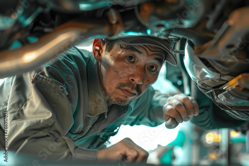 A mechanic is inspecting the exhaust system of a vehicle in a garage
