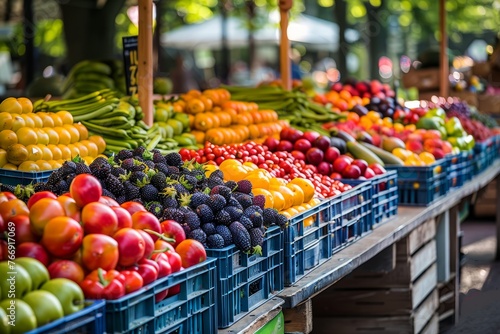 Colorful assortment of fresh fruits and vegetables on display at a bustling farmers market stall