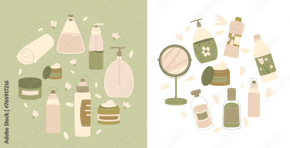 Beauty products circle emblems set. Skincare organic cosmetics daily routine. Cleansing and moisturizing face and body. Bottles, containers and tubes. Flat vector illustration.