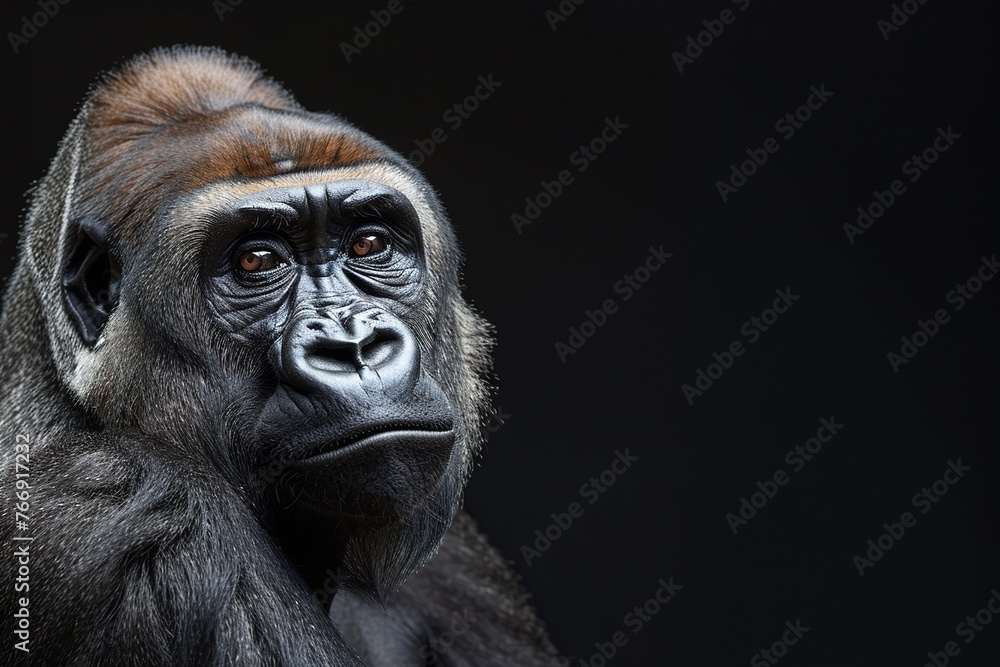 Portrait of a gorilla on a dark background with intense gaze. Generated AI. Portrait of a gorilla on a dark background with intense gaze. Generated AI.