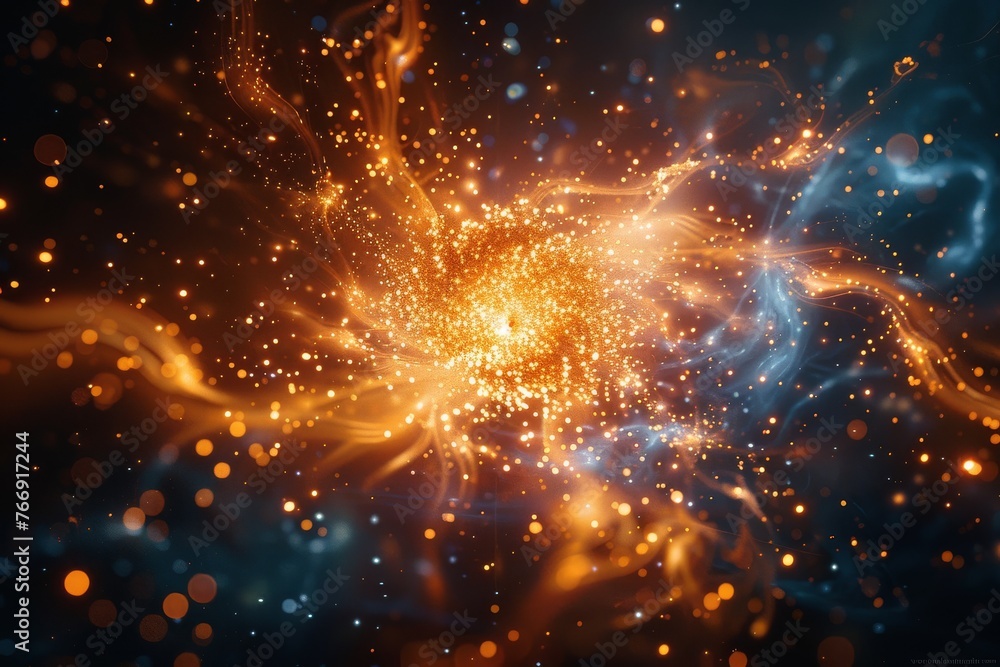 Vibrant explosion of golden particles in a celestial dance on a dark background Vibrant explosion of golden particles in a celestial dance on a dark background