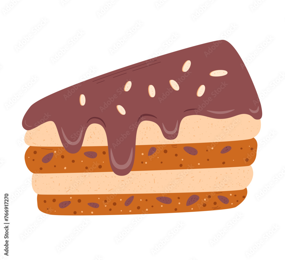 Slice of cake with chocolate glaze. Sweet bakery piece. Pastry dessert with cream. Vector pie flat illustration isolated on white background Slice of cake with chocolate glaze. Sweet bakery piece. Pastry dessert with cream. Vector pie flat illustration isolated on white background