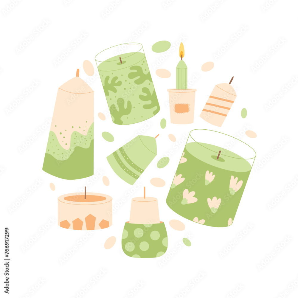 Scented candles round composition. Wax, soy, paraffin candles in containers pillar circle emblem. Spa accessories for relax. Interior cosy decoration. Vector illustration isolated on white background Scented candles round composition. Wax, soy, paraffin candles in containers pillar circle emblem. Spa accessories for relax. Interior cosy decoration. Vector illustration isolated on white background