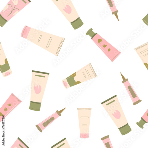 Lotion an moisturizing face skincare seamless pattern. Beauty products endless background. Skin, body cosmetics bottles, containers and tubes. Flat vector illustration.