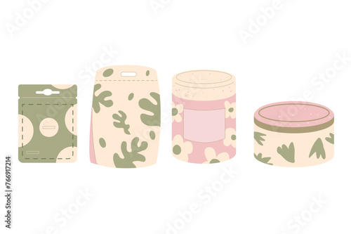 Moisturizing and exfoliation masks set. Hydrating face masque. Skincare pack isolated on white background. Beauty home procedure product. Vector illustration.