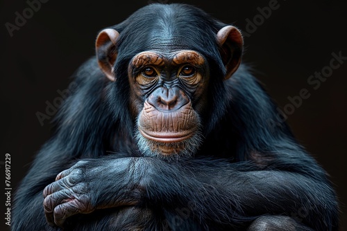 Chimpanzee with a contemplative expression, arms crossed. Generated AI.