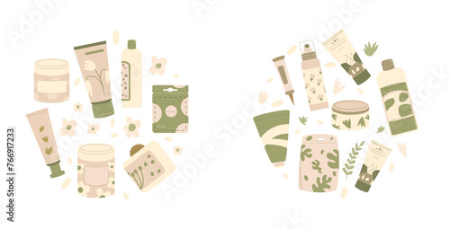 Facial beauty products circle emblem set. Cleansing and moisturizing face. Skincare cosmetics round composition. Bottles, containers and tubes. Vector illustration.