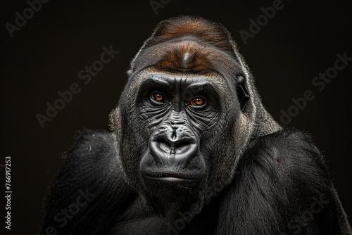 Portrait of a gorilla on a dark background with intense gaze. Generated AI.