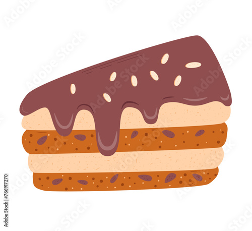 Slice of cake with chocolate glaze. Sweet bakery piece. Pastry dessert with cream. Vector pie flat illustration isolated on white background