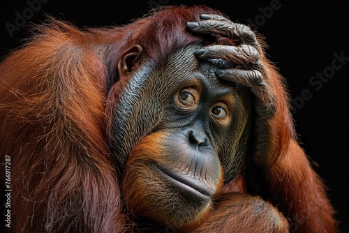 Orangutan with a thoughtful expression, hand on head. Generated AI.