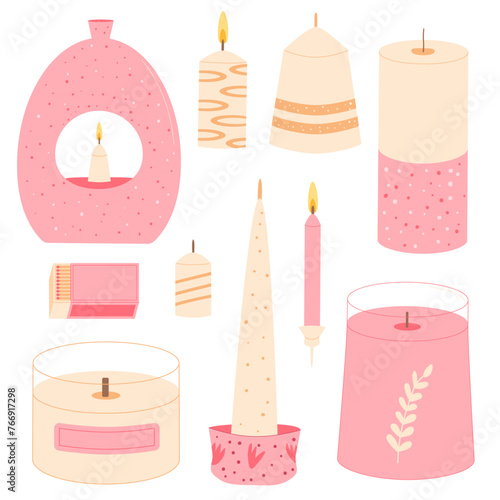 Candles different shapes set. Wax, soy, paraffin candles. Aroma spa accessories for relax collection. Home decor items. Vector flat illustration