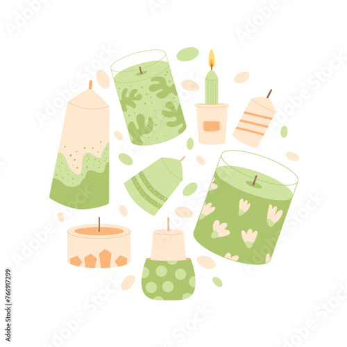 Scented candles round composition. Wax, soy, paraffin candles in containers pillar circle emblem. Spa accessories for relax. Interior cosy decoration. Vector illustration isolated on white background