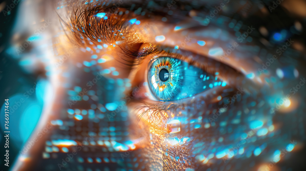 A person's eye is shown in a blue and orange digital pattern. The eye is surrounded by a blurry, colorful background that gives the impression of a futuristic, computer-generated image A person's eye is shown in a blue and orange digital pattern. The eye is surrounded by a blurry, colorful background that gives the impression of a futuristic, computer-generated image