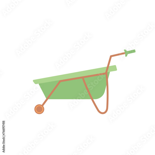 Wheelbarrow . Gardening element isolated on white background. Spring horticulture equipment. Planting and work in backyard cover. Vector flat illustration