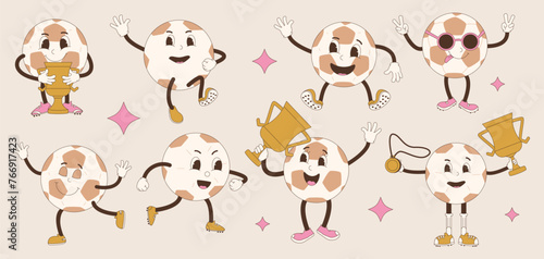 Football ball retro characters. Soccer cartoon mascots. Rubber hose animation style cartoon sport equipment set. Cute vintage anthropomorphic. Vector flat illustration isolated