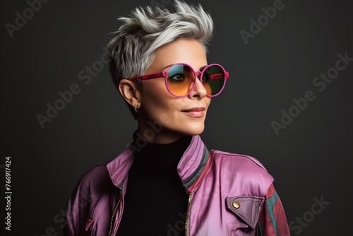 Fashionable portrait of a beautiful young woman with short gray hair and stylish sunglasses.