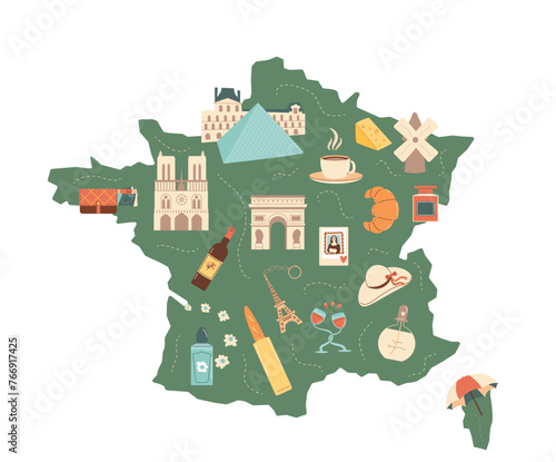 Travel France stylised map. Tourism to Paris elements. Trip to Europe country for adventure and rest. Holiday weekend vacation. Landmarks and accessories. Vector flat illustration
