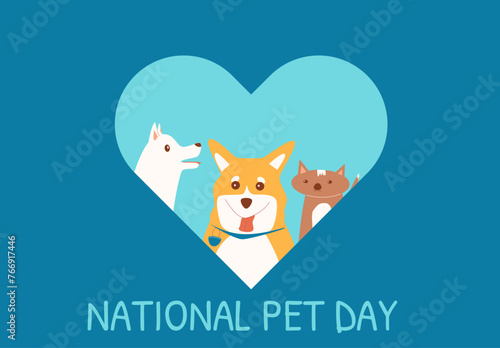 National Pet Day banner. Domestic animal holiday design greeting card, poster. Dogs and cat in heart shape. Awareness about shelter for homeless animals. Vector flat illustration