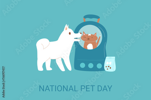 National Pet Day card. Domestic animal holiday design greeting banner, poster. Awareness about shelter for homeless animals. Dog and cat. Vector flat illustration