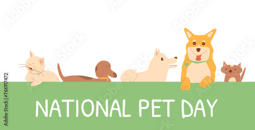 National Pet Day card. Domestic animal holiday design poster. Dogs and cats with text banner template. Awareness about shelter for homeless animals. Vector flat illustration