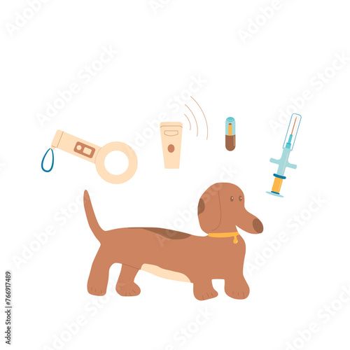 Microchip pets service. Scanner, chip and dog. Vector illustration