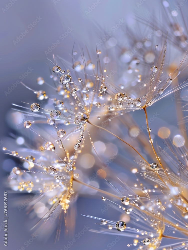 Obraz premium Dandelion seeds with water droplets and a sparkling light effect. Generated AI.