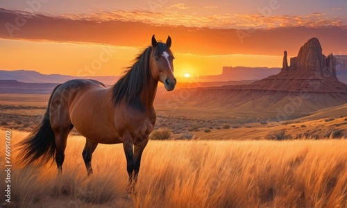 The sun sets behind a solitary horse in the vast desert, enveloping the scene in a peaceful golden light. The horse's gentle stance suggests a moment of quiet contemplation amidst nature's grandeur © Anastasiia