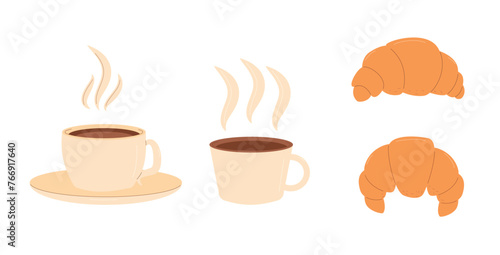 Coffee cups and croissants set isolated on white background. French bakery food and hot drink mugs.