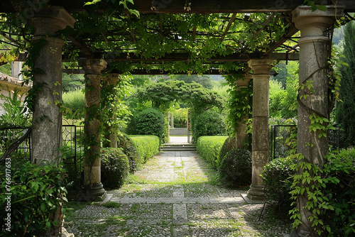 A vine-covered pergola gate leading to a charming courtyard garden oasis.