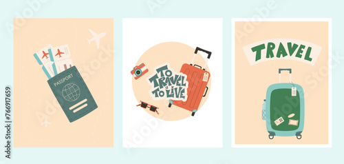 Travel posters templates set. Baggage, passport, flight tickets and lettering tourism accessories. Trip elements holiday weekend vacation. Flat illustration.