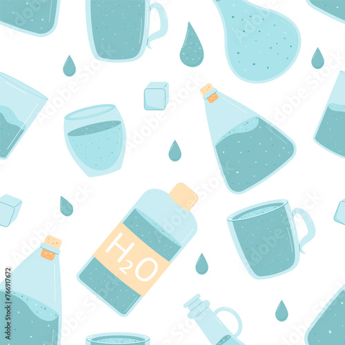 Water seamless pattern. Glasses, jug bottles and cups with clean beverage endless background. Aqua drink repeat cover. Vector flat illustration