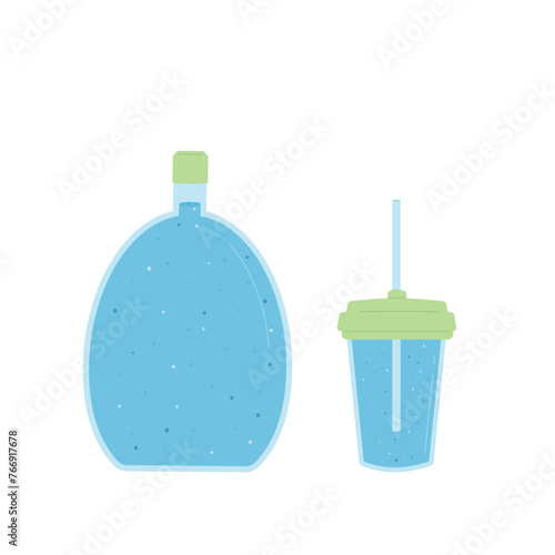 Bottle and lass of sparkling water isolated on white background. Fresh clean fizzy drink. Aqua healthy cold beverage. Stay hydrated. Vector flat illustration