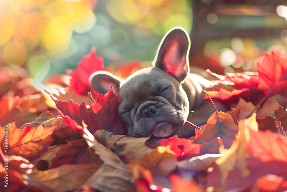 cute french bulldog sleeping in colorful autumn leaves