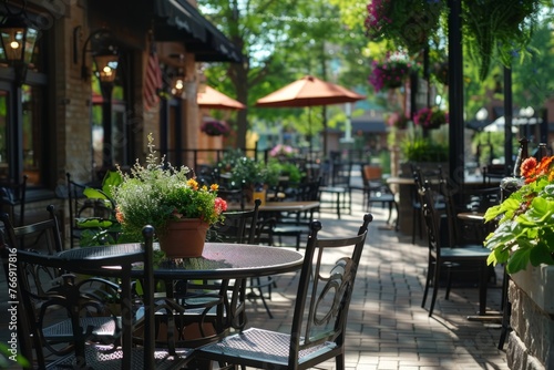 A patio featuring tables, chairs, and umbrellas set up for outdoor dining at a cafe or restaurant