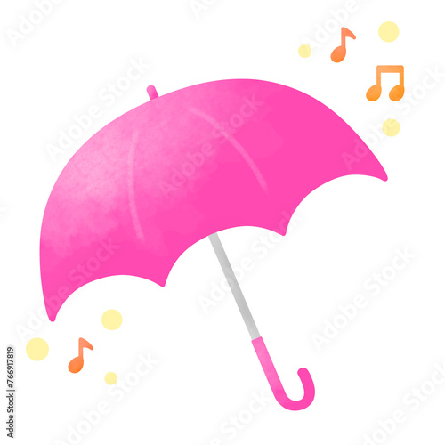 ピンク色の傘と楽しげなオレンジ色の音符のイラスト photo